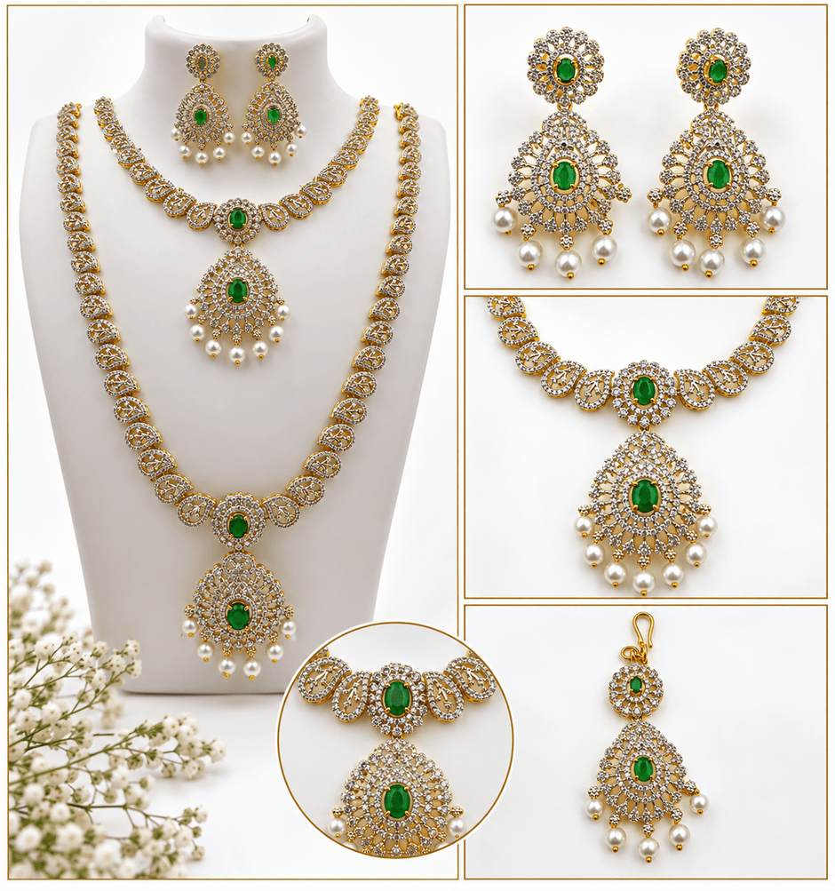 Bhavmayi Emerald-Tone Layered Necklace Set with Pearl-Drop Earrings - bhavmayi
