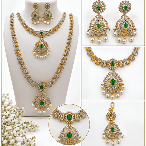 Bhavmayi Emerald-Tone Layered Necklace Set with Pearl-Drop Earrings - bhavmayi