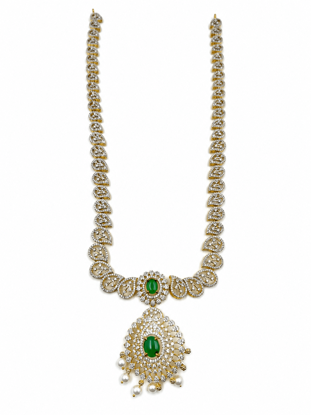Bhavmayi Emerald-Tone Layered Necklace Set with Pearl-Drop Earrings - bhavmayi