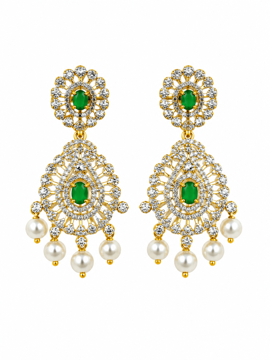 Bhavmayi Emerald-Tone Layered Necklace Set with Pearl-Drop Earrings - bhavmayi