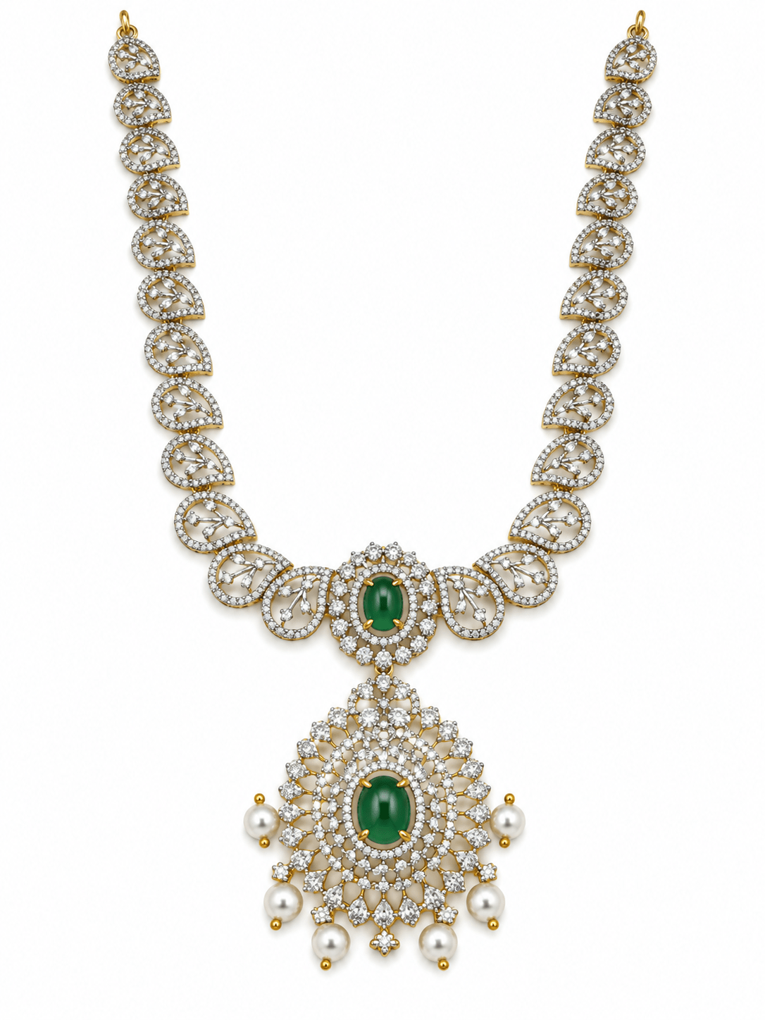 Bhavmayi Emerald-Tone Layered Necklace Set with Pearl-Drop Earrings - bhavmayi