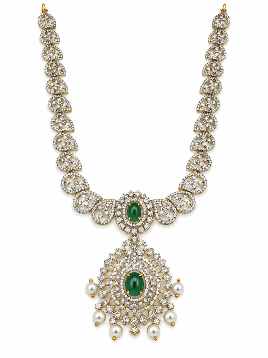 Bhavmayi Emerald-Tone Layered Necklace Set with Pearl-Drop Earrings - bhavmayi
