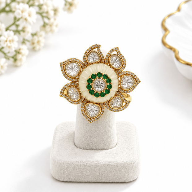 Bhavmayi Floral Green Stone Statement Ring with Clear Teardrop Accents - bhavmayi