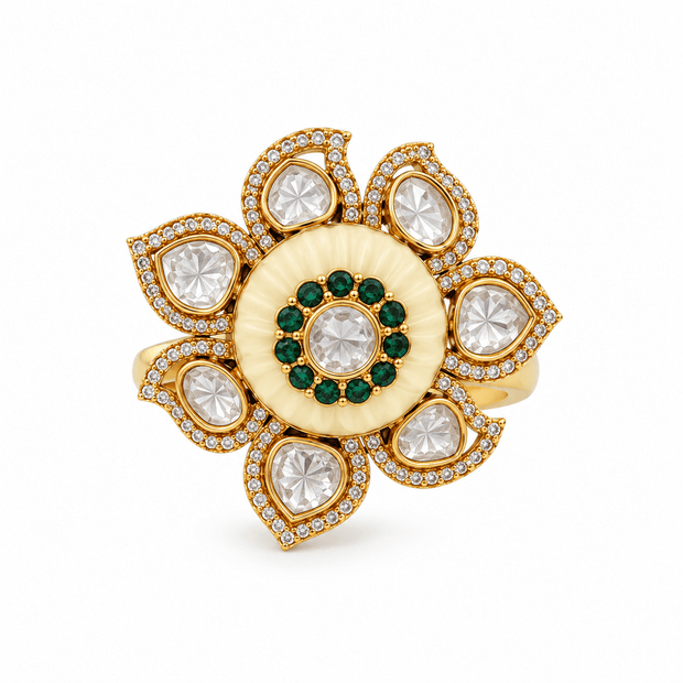Bhavmayi Floral Green Stone Statement Ring with Clear Teardrop Accents - bhavmayi