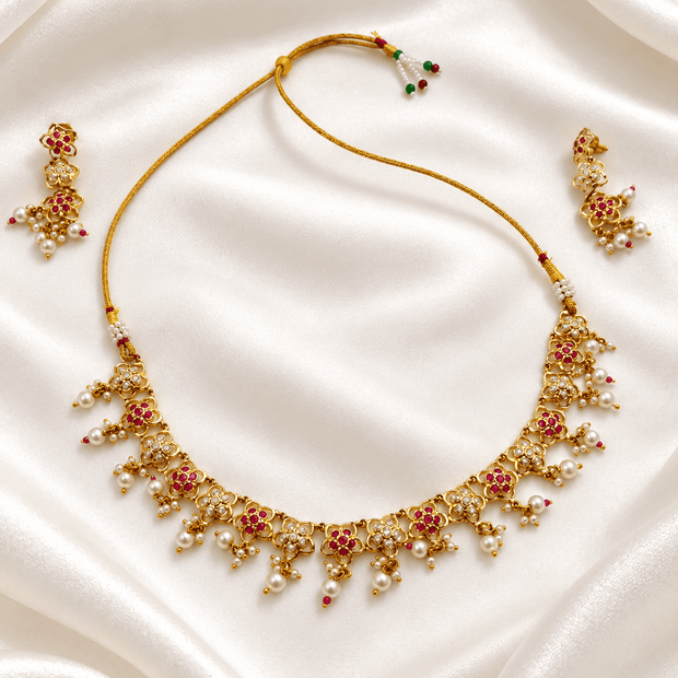 Bhavmayi Floral Ruby Pearl Drop Necklace Set - bhavmayi