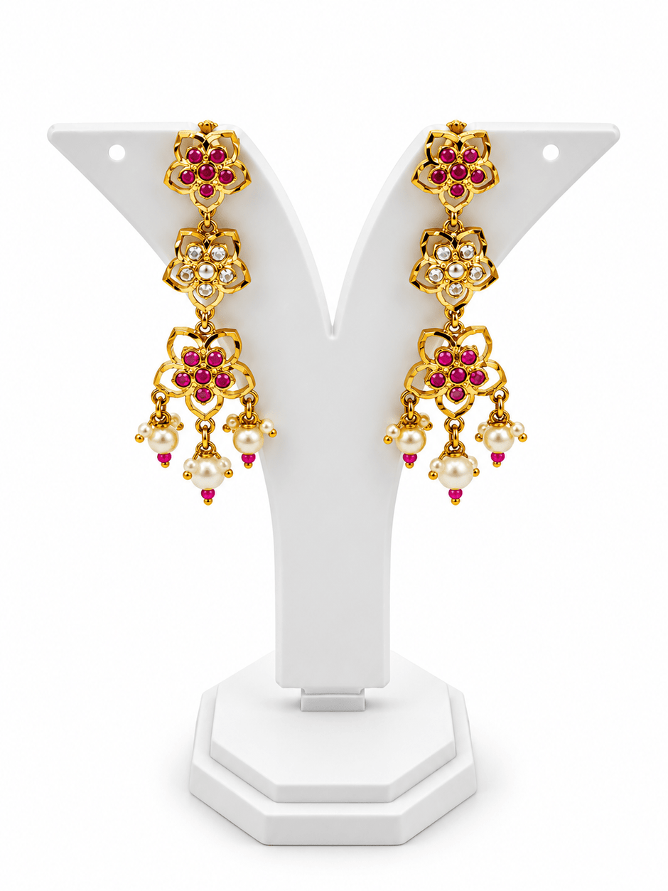 Bhavmayi Floral Ruby Pearl Drop Necklace Set - bhavmayi