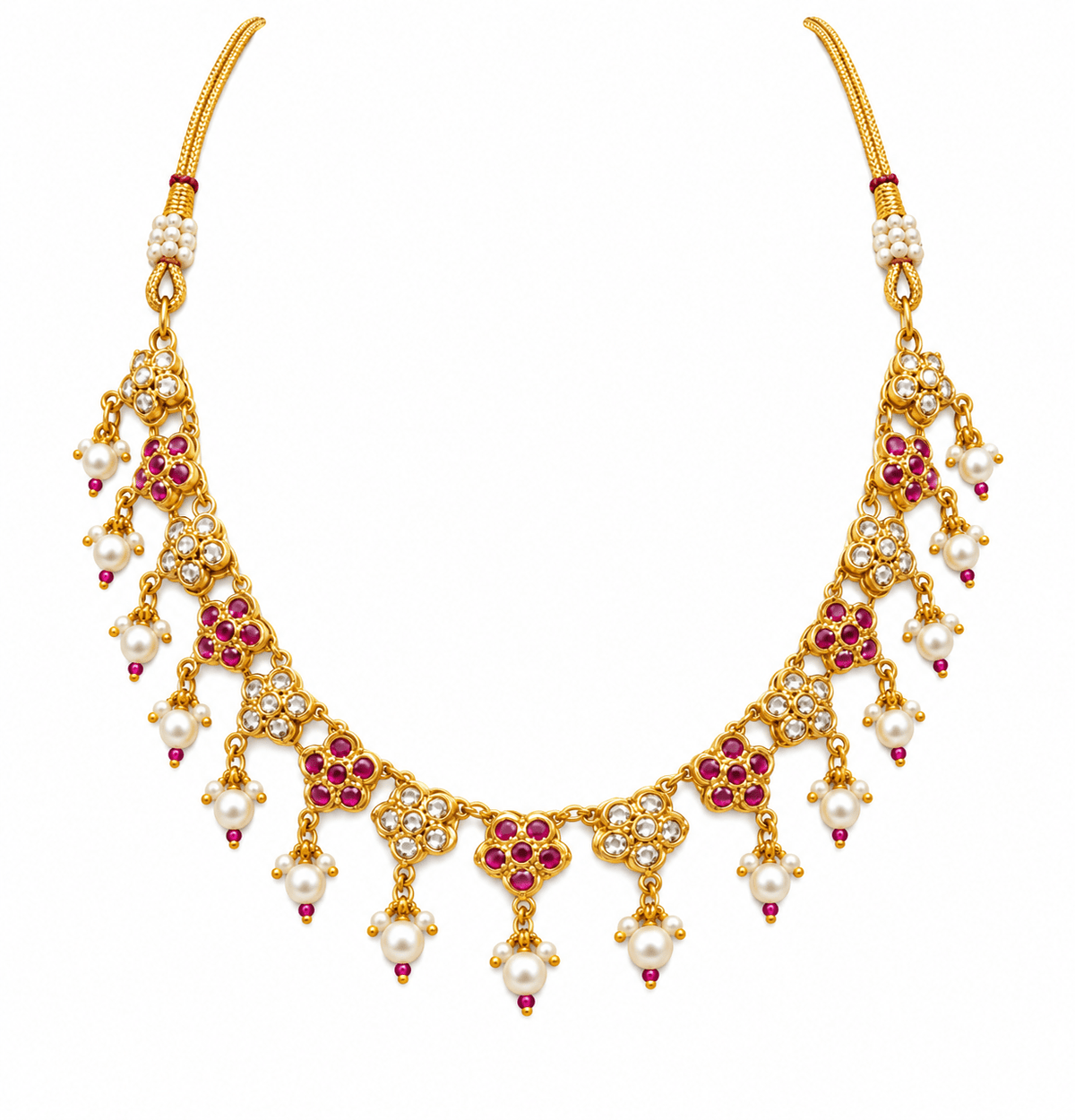 Bhavmayi Floral Ruby Pearl Drop Necklace Set - bhavmayi