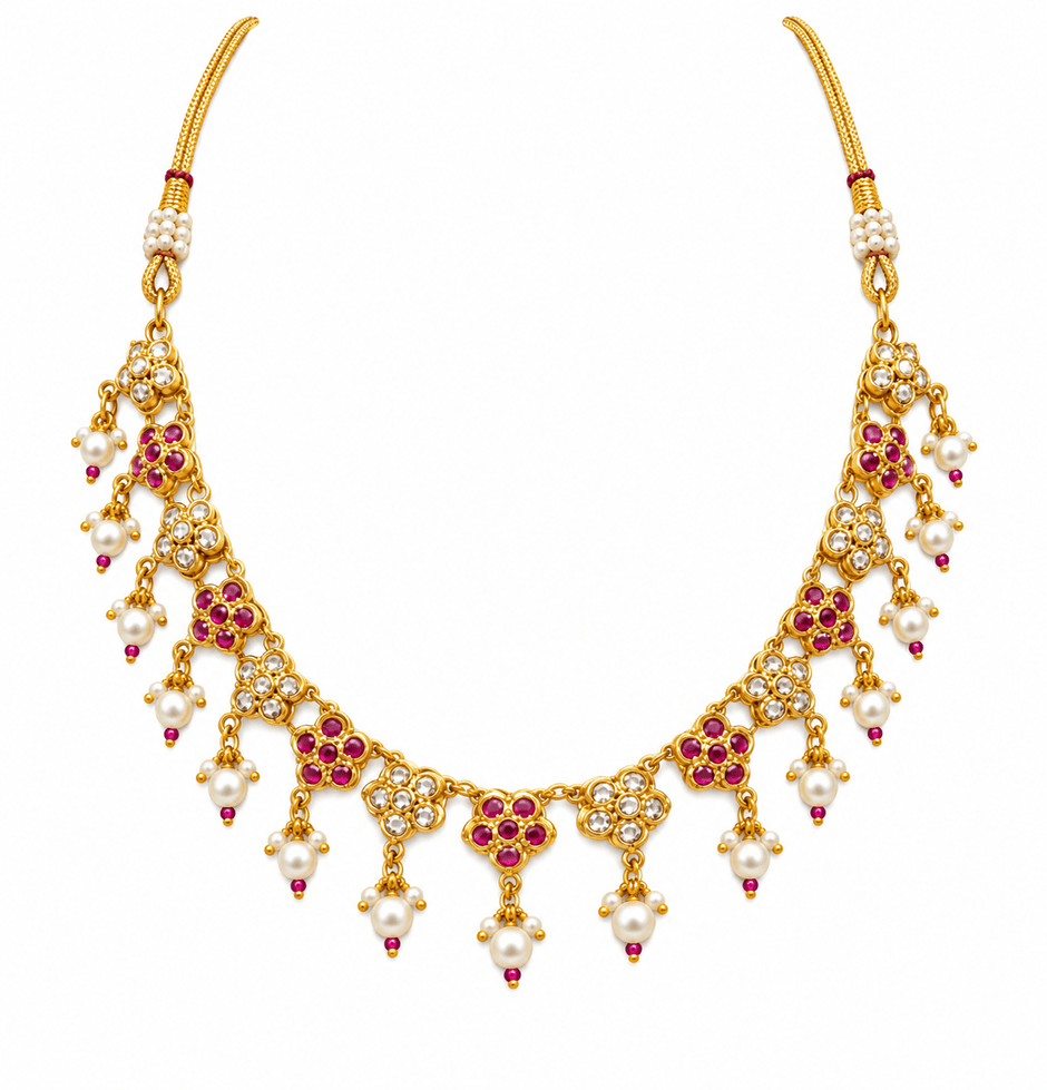 Bhavmayi Floral Ruby Pearl Drop Necklace Set - bhavmayi