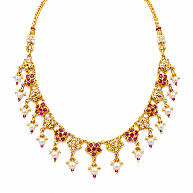 Bhavmayi Floral Ruby Pearl Drop Necklace Set - bhavmayi