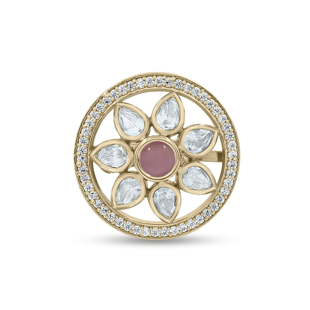 Bhavmayi Flower Mandala Statement Polki-Diamond-Gold Finish Ring - bhavmayi