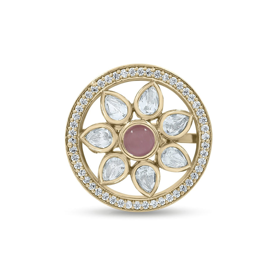 Bhavmayi Flower Mandala Statement Polki-Diamond-Gold Finish Ring - bhavmayi