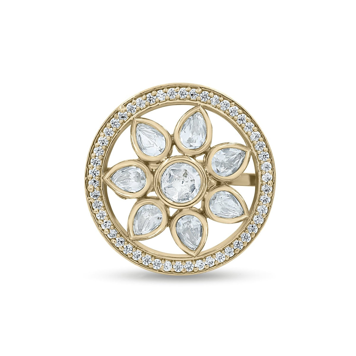 Bhavmayi Flower Mandala Statement Polki-Diamond-Gold Finish Ring - bhavmayi