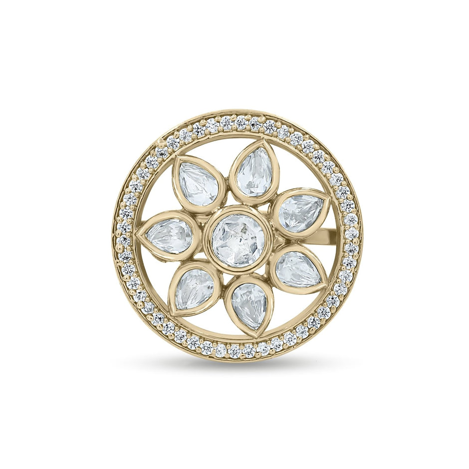 Bhavmayi Flower Mandala Statement Polki-Diamond-Gold Finish Ring - bhavmayi