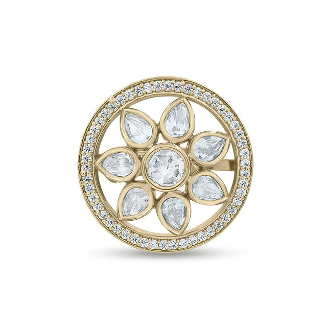 Bhavmayi Flower Mandala Statement Polki-Diamond-Gold Finish Ring - bhavmayi