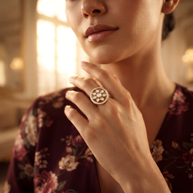 Bhavmayi Flower Mandala Statement Polki-Diamond-Gold Finish Ring - bhavmayi