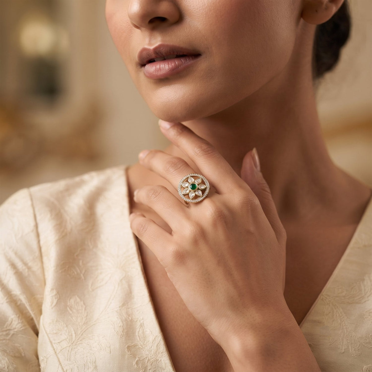 Bhavmayi Flower Mandala Statement Polki-Diamond-Gold Finish Ring - bhavmayi