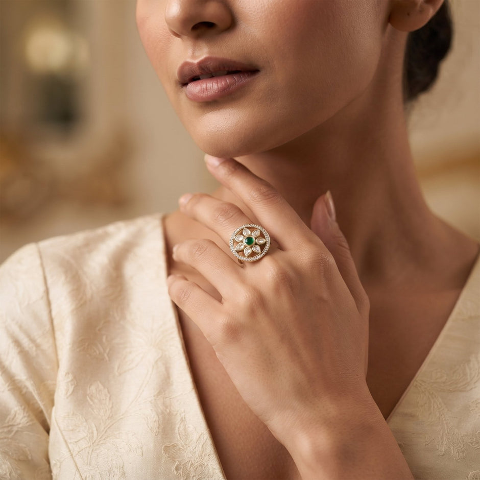 Bhavmayi Flower Mandala Statement Polki-Diamond-Gold Finish Ring - bhavmayi