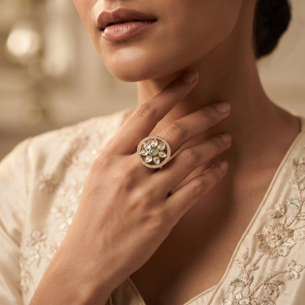 Bhavmayi Flower Mandala Statement Polki-Diamond-Gold Finish Ring - bhavmayi