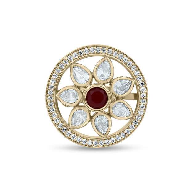Bhavmayi Flower Mandala Statement Polki-Diamond-Gold Finish Ring - bhavmayi