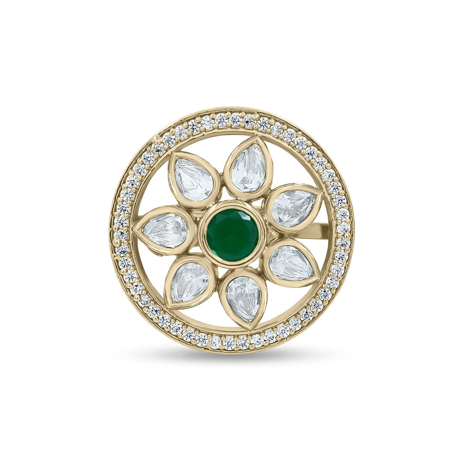 Bhavmayi Flower Mandala Statement Polki-Diamond-Gold Finish Ring - bhavmayi