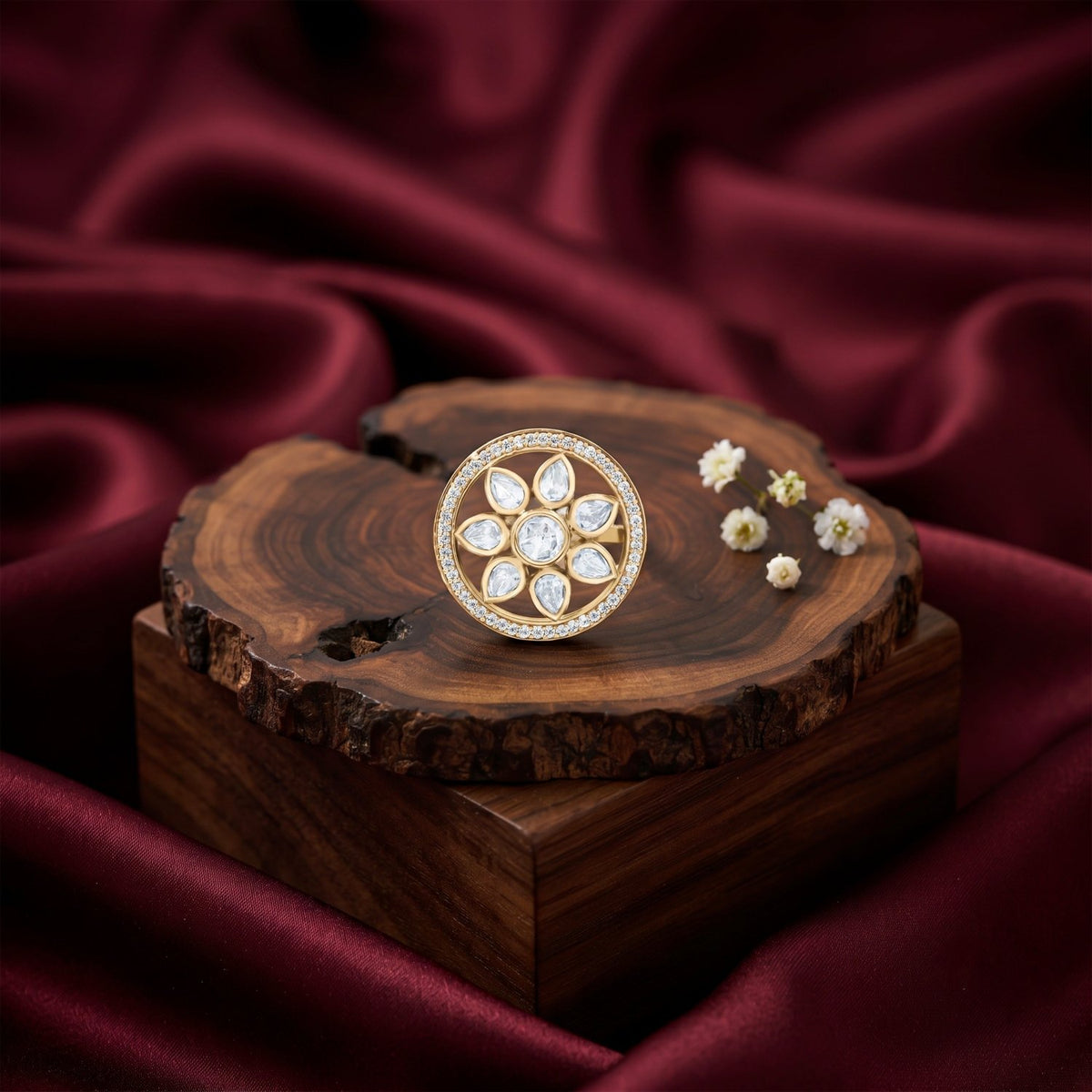 Bhavmayi Flower Mandala Statement Polki-Diamond-Gold Finish Ring - bhavmayi