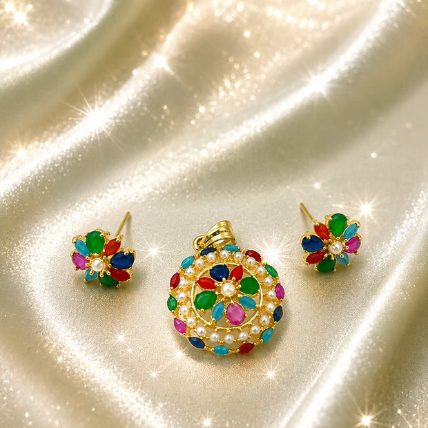 Bhavmayi Gold-Plated Blue Floral Pendant & Stud Earrings Set - bhavmayi