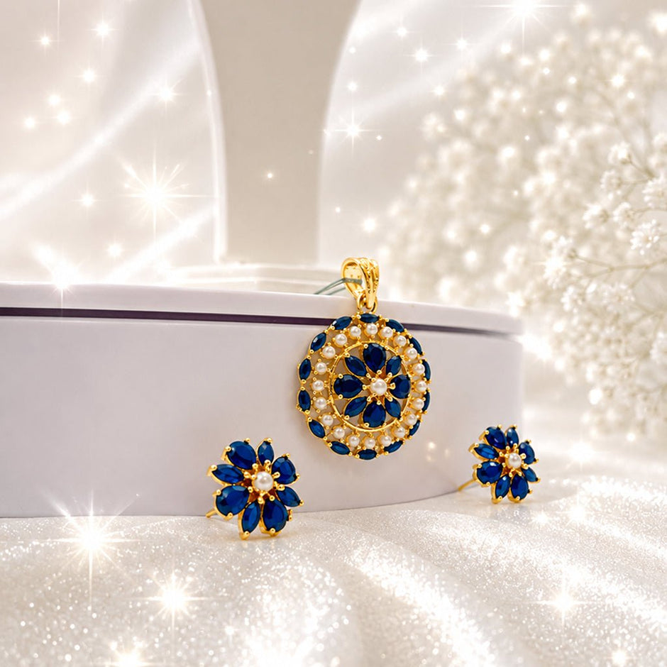 Bhavmayi Gold-Plated Blue Floral Pendant & Stud Earrings Set - bhavmayi