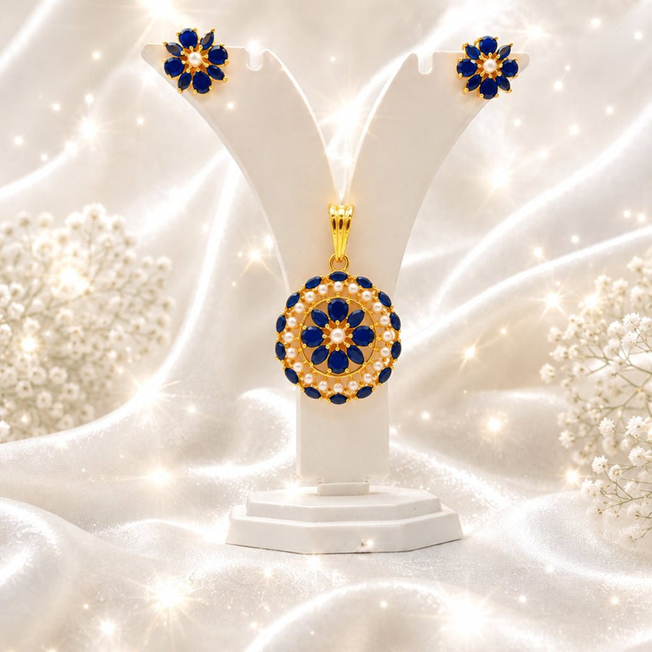 Bhavmayi Gold-Plated Blue Floral Pendant & Stud Earrings Set - bhavmayi