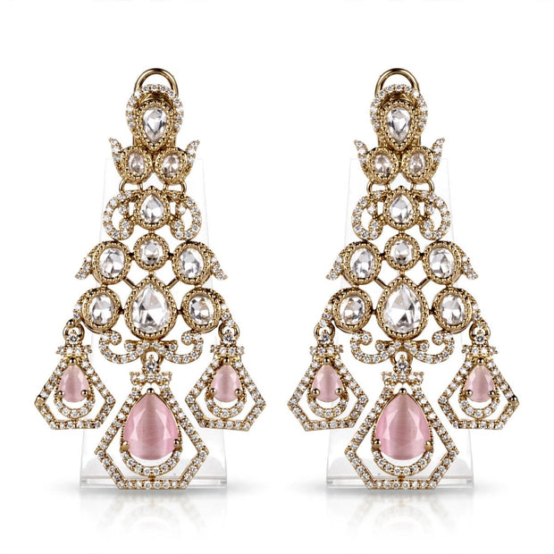Bhavmayi Gold-Plated Blush Pink Rose Quartz Gemstone & Uncut Polki Kundan Tiered Chandelier Earrings - bhavmayi