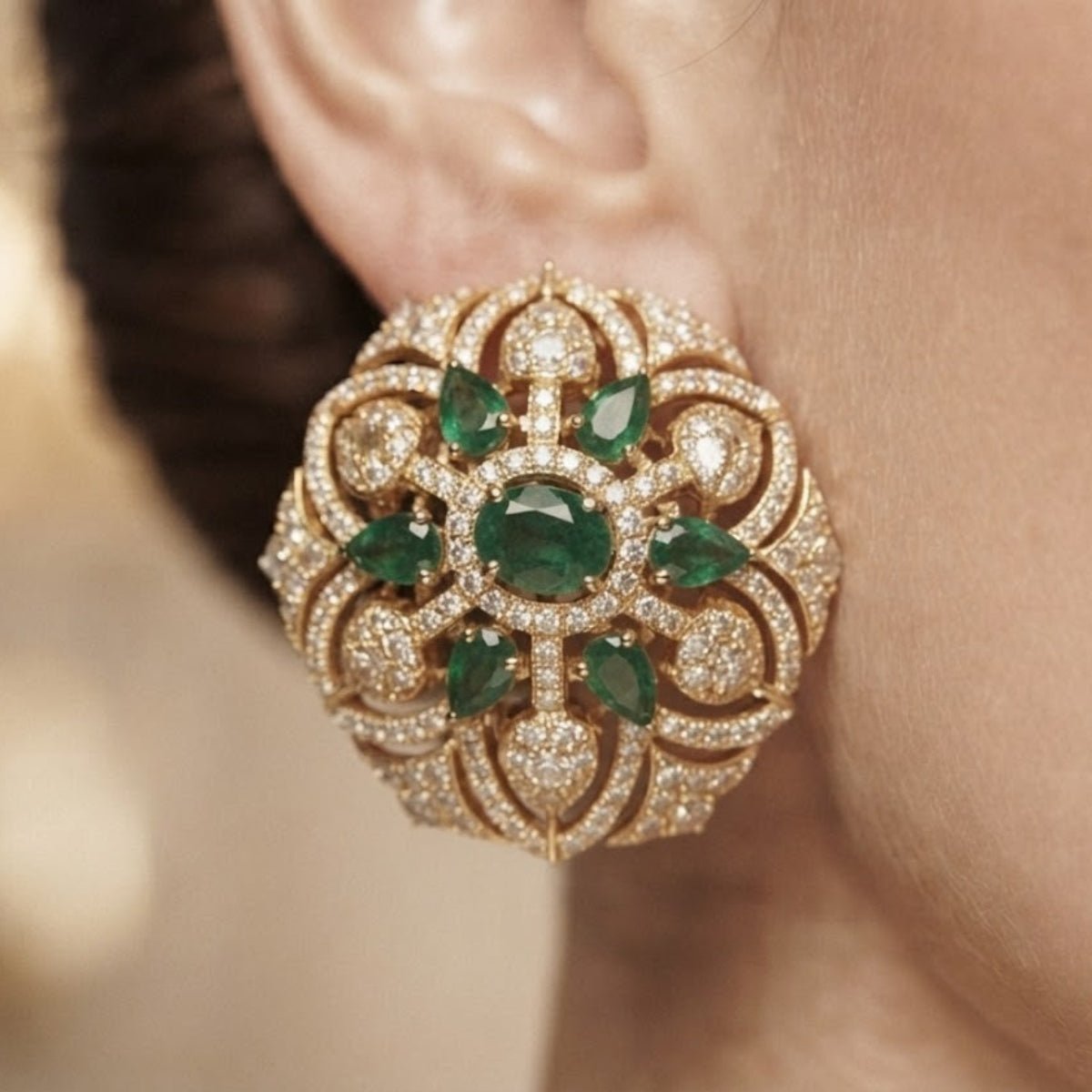 Bhavmayi Gold Plated Emerald Green Floral Cluster Medallion Stud Earrings with Micro-Pave Halos. - bhavmayi