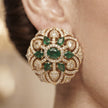 Bhavmayi Gold Plated Emerald Green Floral Cluster Medallion Stud Earrings with Micro-Pave Halos. - bhavmayi