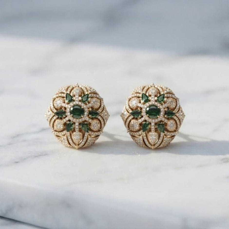 Bhavmayi Gold Plated Emerald Green Floral Cluster Medallion Stud Earrings with Micro-Pave Halos. - bhavmayi