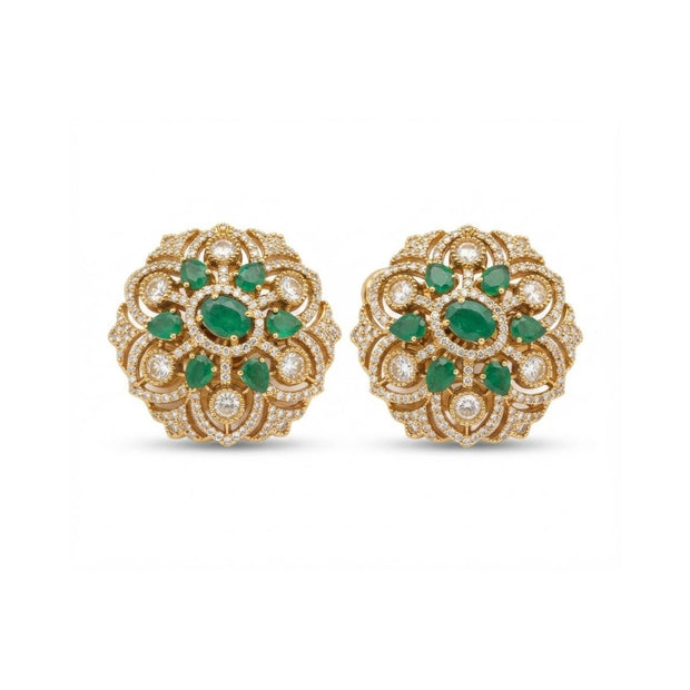 Bhavmayi Gold Plated Emerald Green Floral Cluster Medallion Stud Earrings with Micro-Pave Halos. - bhavmayi