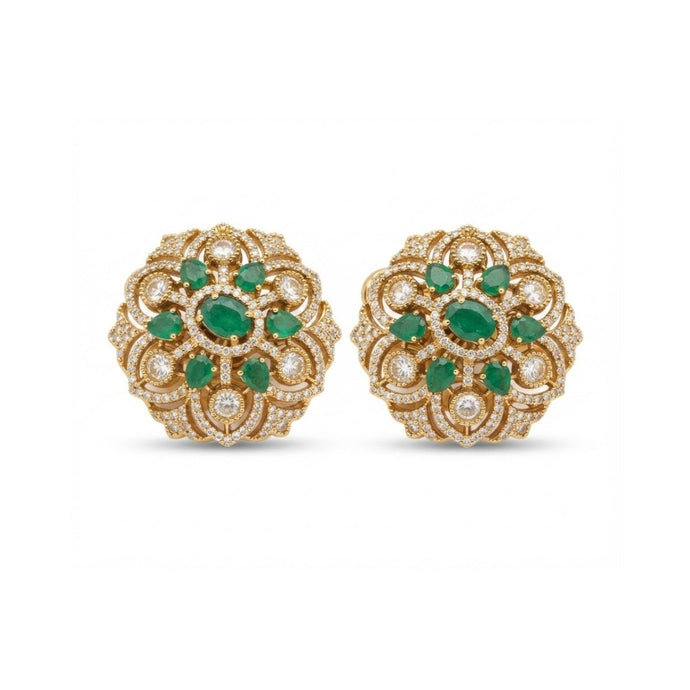 Bhavmayi Gold Plated Emerald Green Floral Cluster Medallion Stud Earrings with Micro-Pave Halos. - bhavmayi