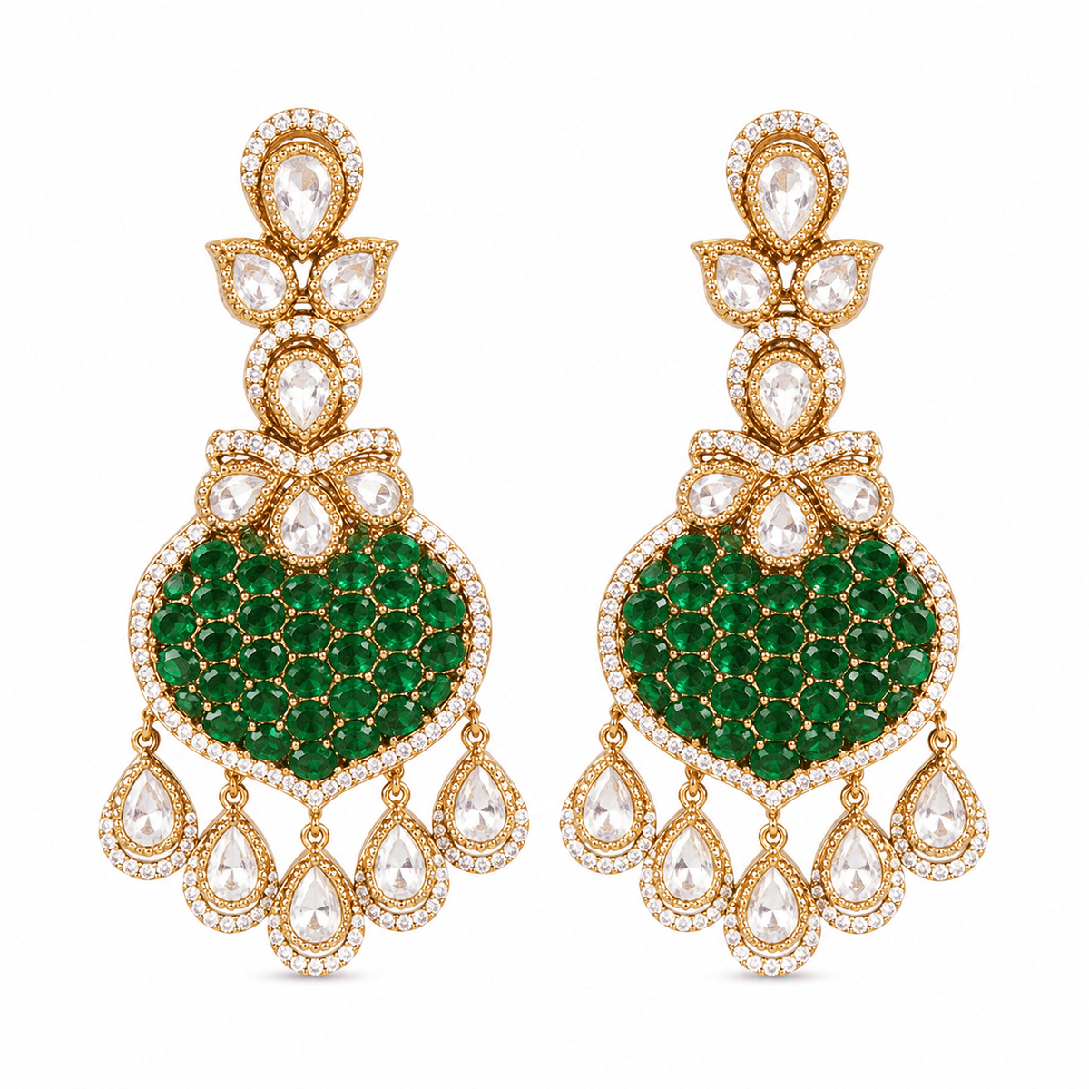 Bhavmayi Gold Plated Emerald Green Pave Shield Chandelier Earrings with Halo-Set Teardrop Dangles - bhavmayi