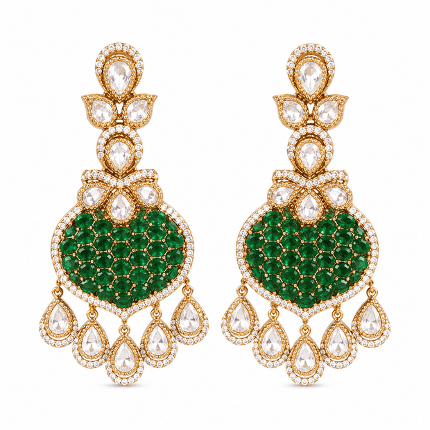 Bhavmayi Gold Plated Emerald Green Pave Shield Chandelier Earrings with Halo-Set Teardrop Dangles - bhavmayi