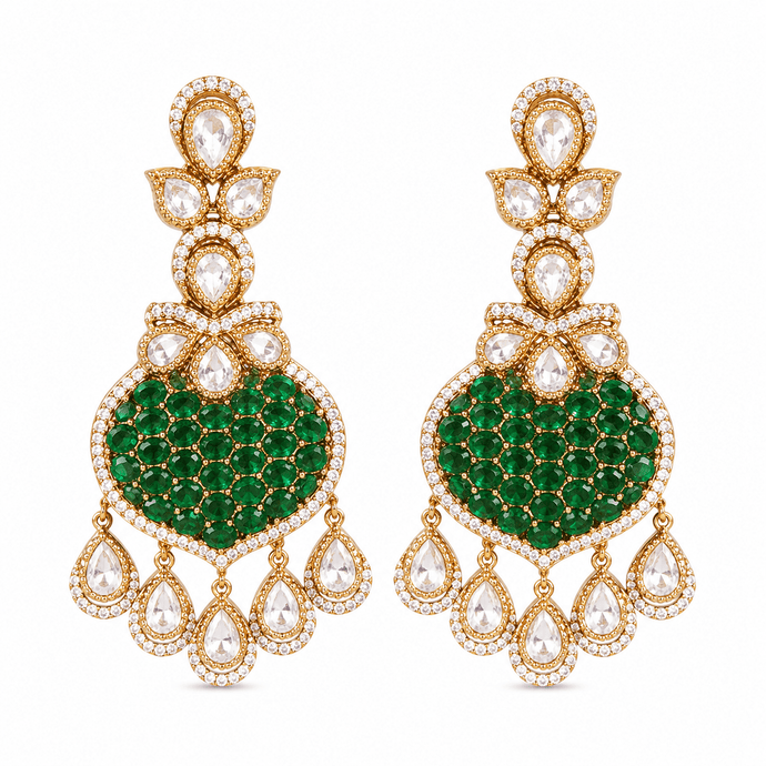 Bhavmayi Gold Plated Emerald Green Pave Shield Chandelier Earrings with Halo-Set Teardrop Dangles - bhavmayi