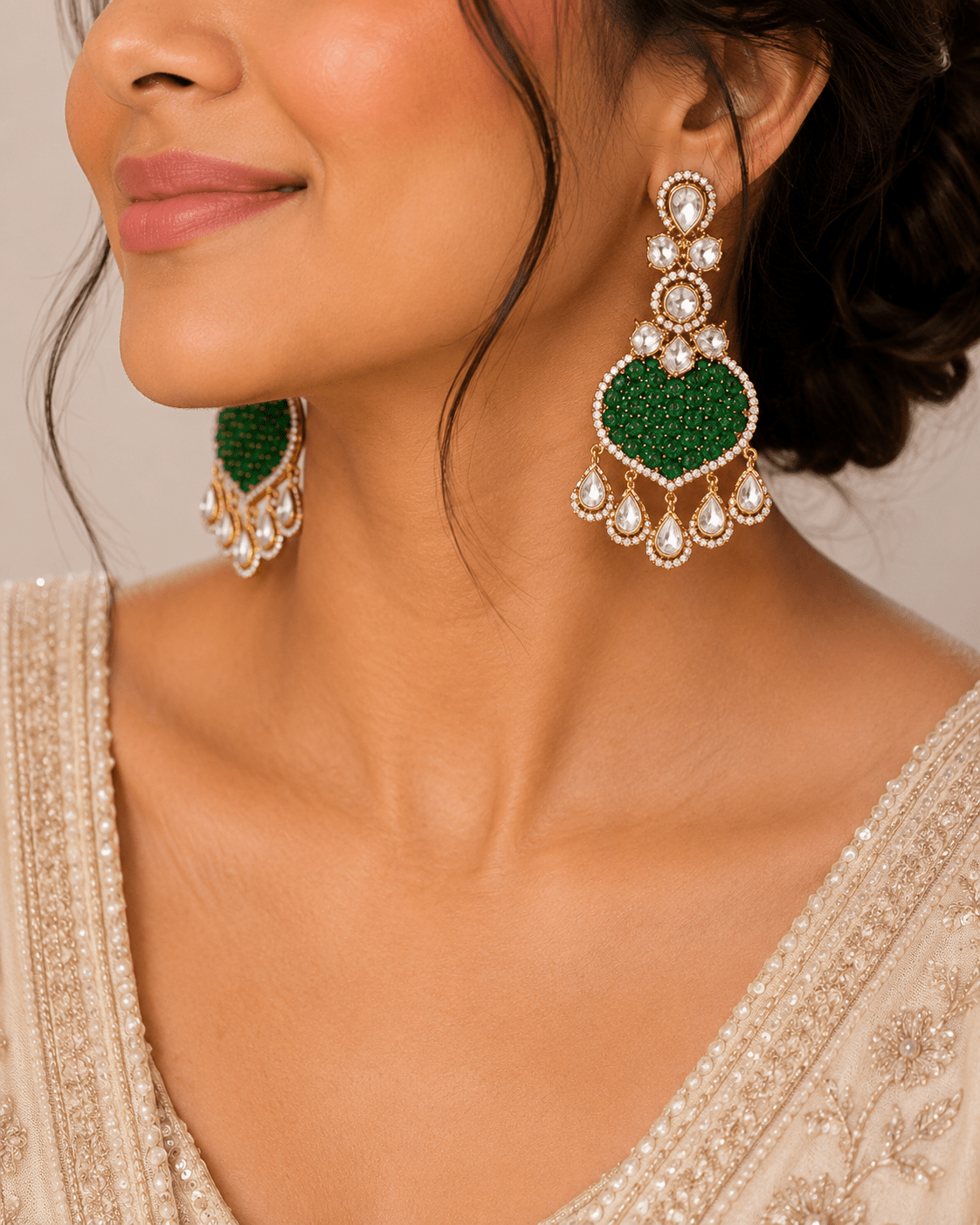 Bhavmayi Gold Plated Emerald Green Pave Shield Chandelier Earrings with Halo-Set Teardrop Dangles - bhavmayi