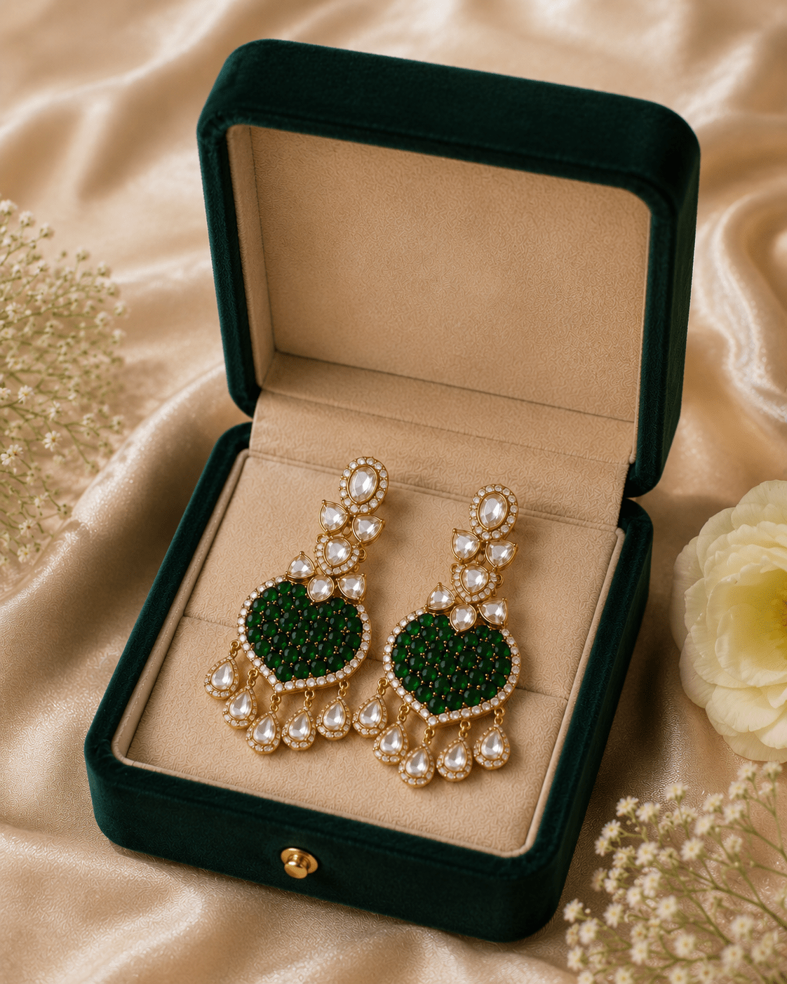 Bhavmayi Gold Plated Emerald Green Pave Shield Chandelier Earrings with Halo-Set Teardrop Dangles - bhavmayi