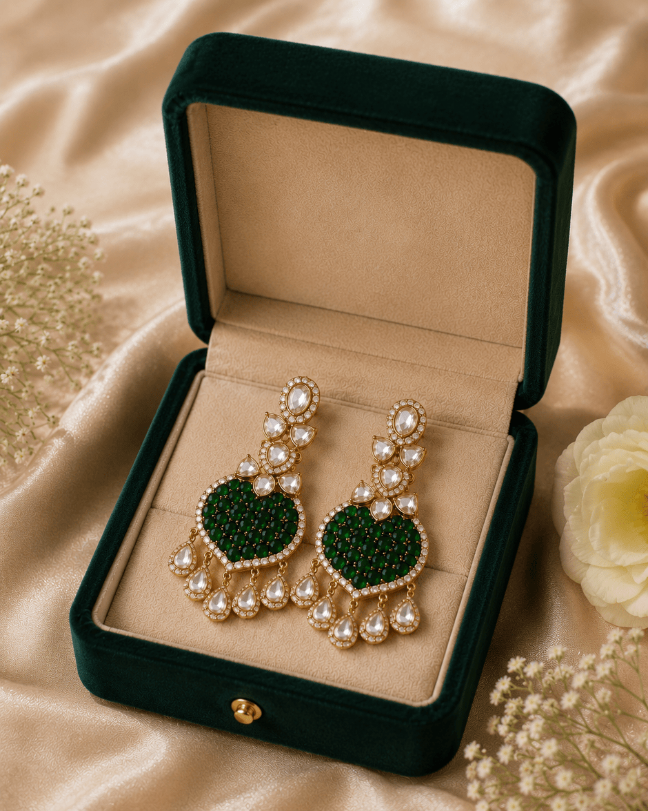 Bhavmayi Gold Plated Emerald Green Pave Shield Chandelier Earrings with Halo-Set Teardrop Dangles - bhavmayi