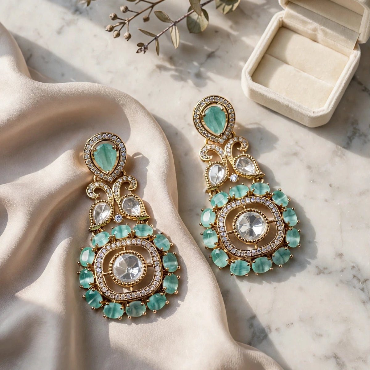 Bhavmayi Gold Plated Mint Green Quartz & Clear Crystal Kundan Medallion Chandelier Earrings - bhavmayi