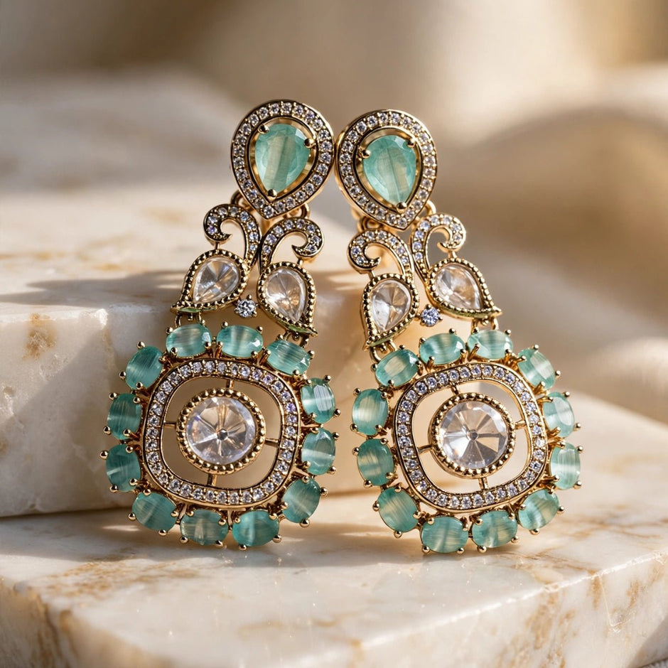 Bhavmayi Gold Plated Mint Green Quartz & Clear Crystal Kundan Medallion Chandelier Earrings - bhavmayi