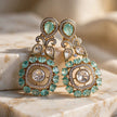 Bhavmayi Gold Plated Mint Green Quartz & Clear Crystal Kundan Medallion Chandelier Earrings - bhavmayi