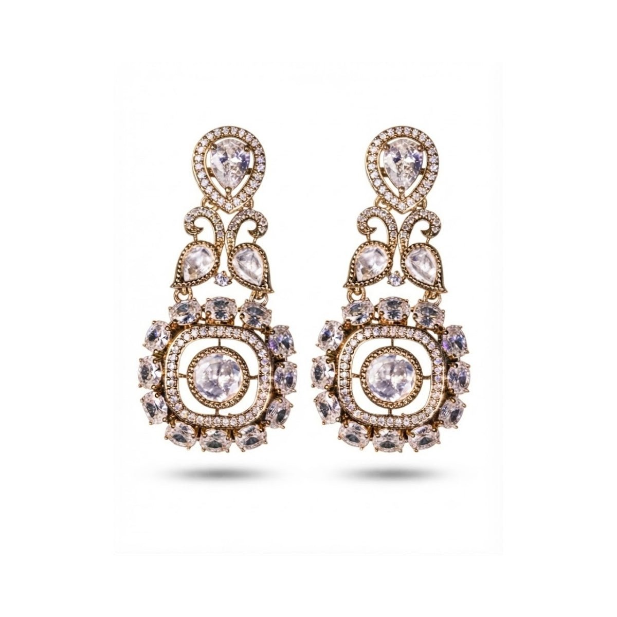 Bhavmayi Gold Plated Mint Green Quartz & Clear Crystal Kundan Medallion Chandelier Earrings - bhavmayi