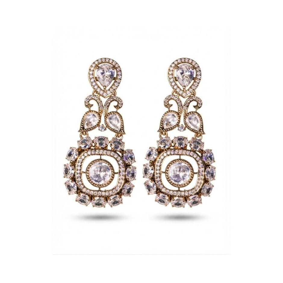 Bhavmayi Gold Plated Mint Green Quartz & Clear Crystal Kundan Medallion Chandelier Earrings - bhavmayi