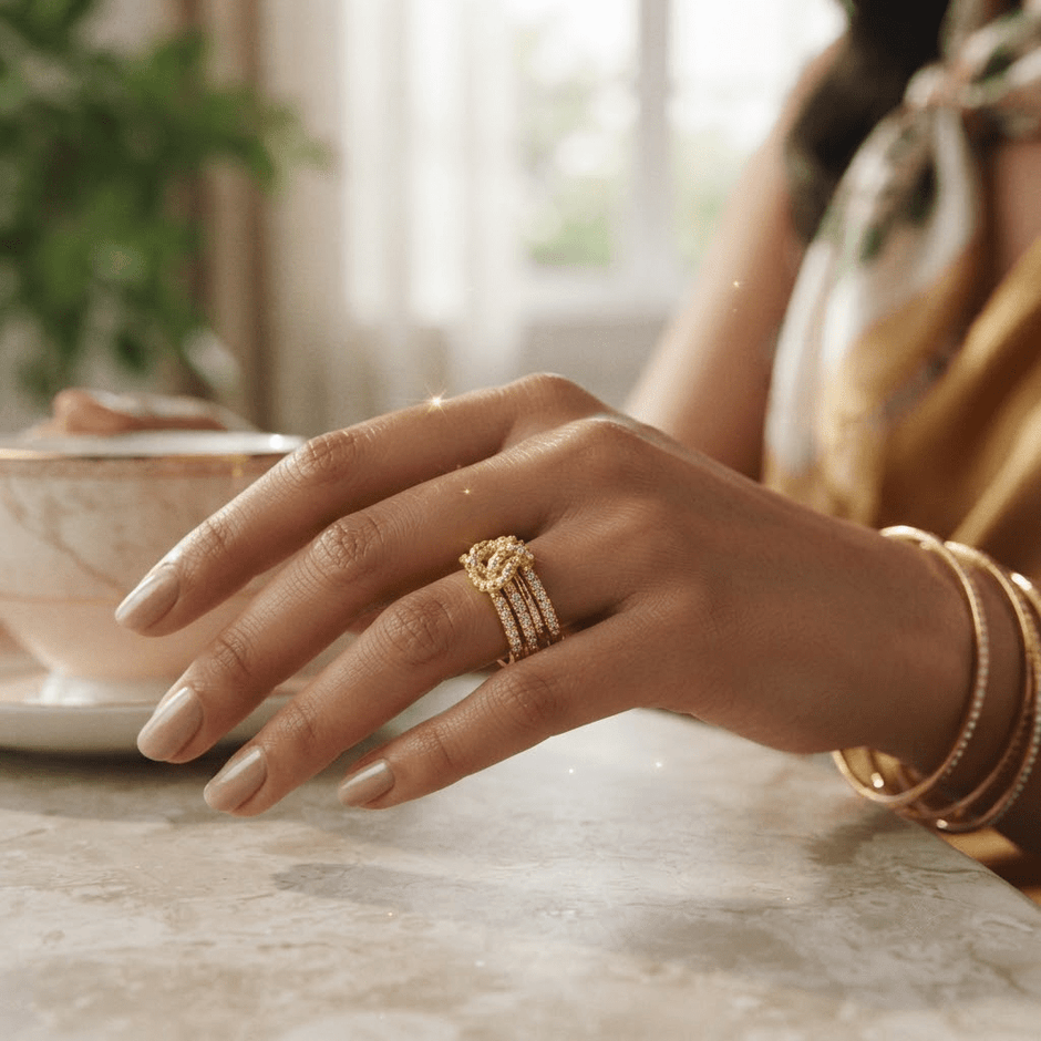 Bhavmayi Gold-Plated Multi-Layer Crystal Bow Ring - bhavmayi