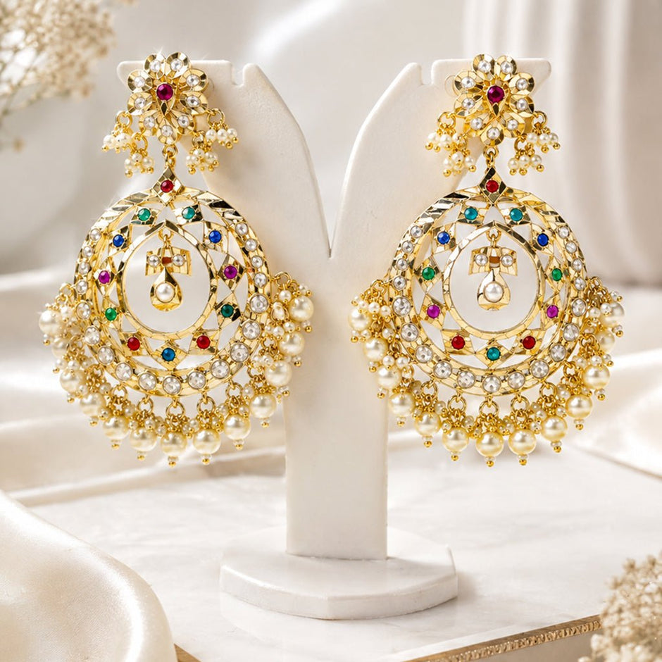 Bhavmayi Gold-Plated Multicolor Kundan Pearl Jhumka Earrings - bhavmayi