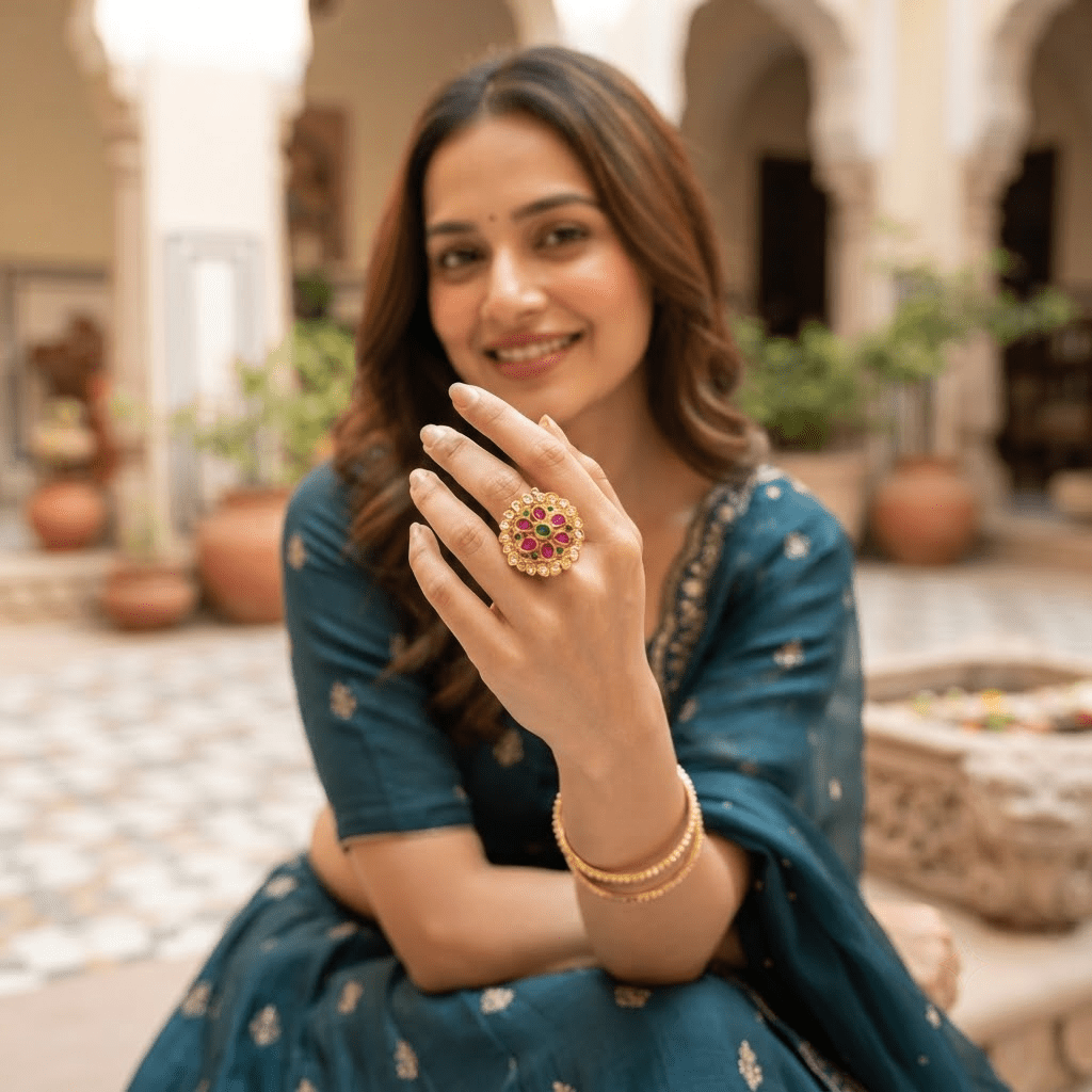 Bhavmayi Gold-Plated Multicolor Kundan Statement Ring - bhavmayi