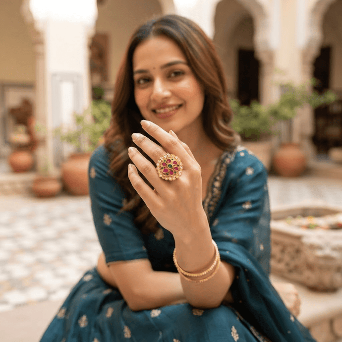 Bhavmayi Gold-Plated Multicolor Kundan Statement Ring - bhavmayi