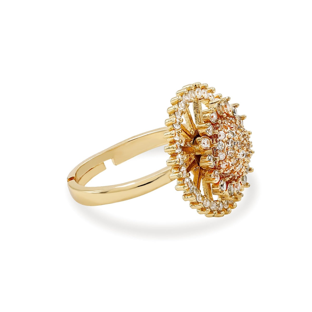 Bhavmayi Gold Plated Round Cubic-Pave Dome Center with Zirconia Sunburst Medallion Ring. - bhavmayi